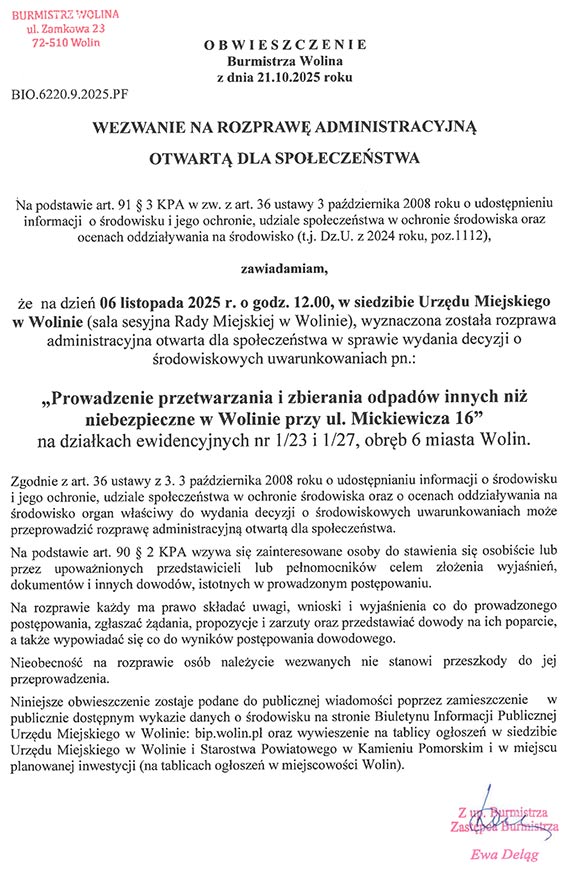 Będzie rozprawa administracyjna w sprawie odpadów przy ul. Mickiewicza 16 w Wolinie