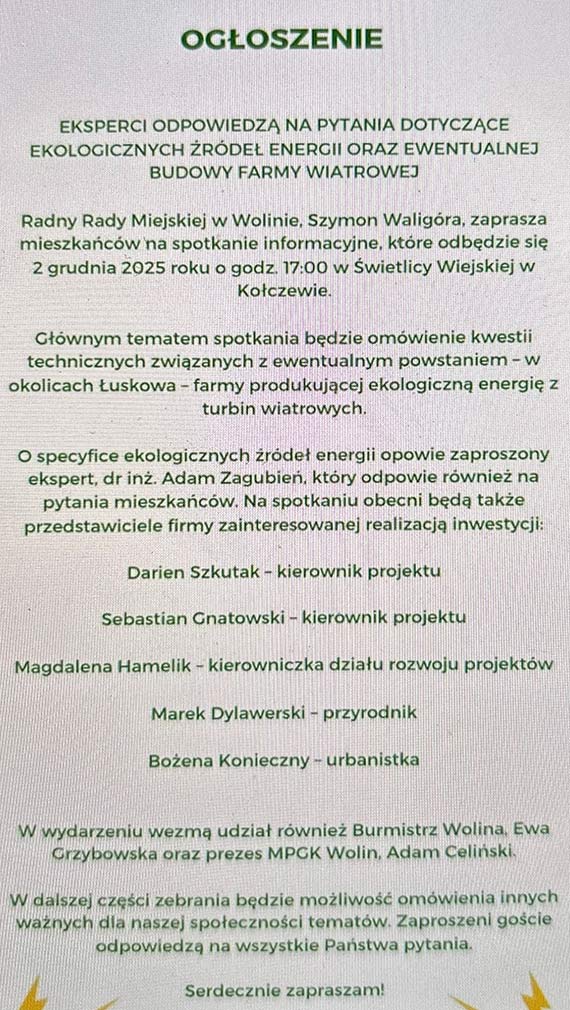 Eksperci odpowiedzą na pytania o zieloną energię. Spotkanie informacyjne w Kołczewie już 2 grudnia