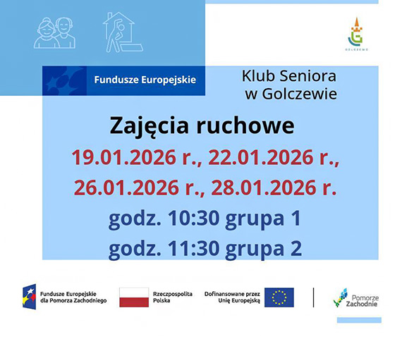 Zapraszamy do zapoznania si� z harmonogramem zaj�� ruchowych na stycze�, organizowanych w Klubie Seniora w Golczewie