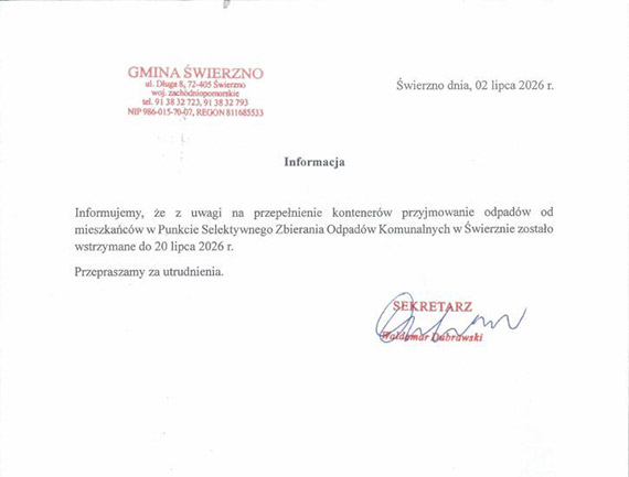 PSZOK w Świerznie czasowo wstrzymuje przyjmowanie odpadów