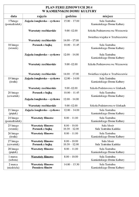 Plan ferii w Kamieskim Domu Kultury